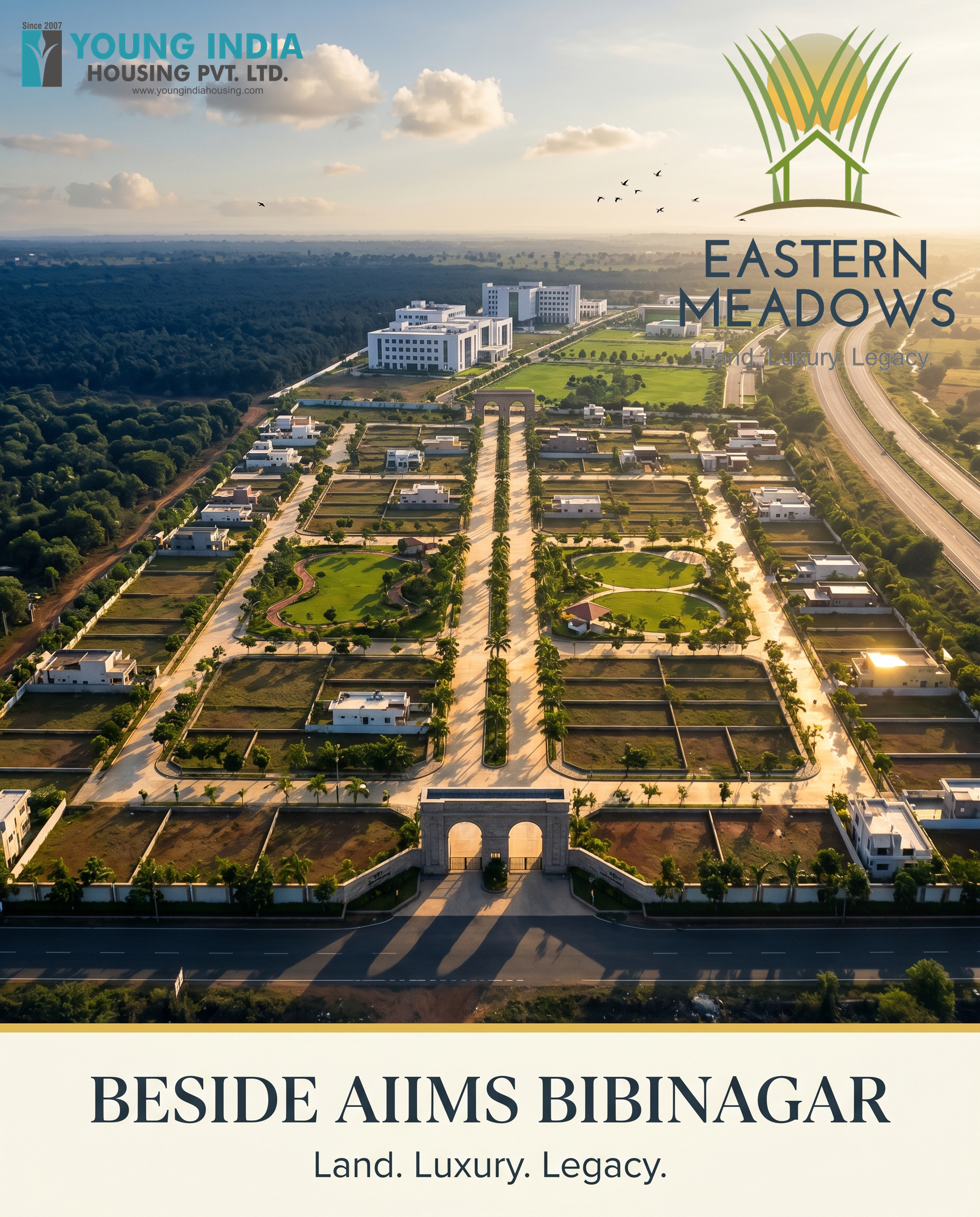 Eastern Meadows — aerial view beside AIIMS Bibinagar